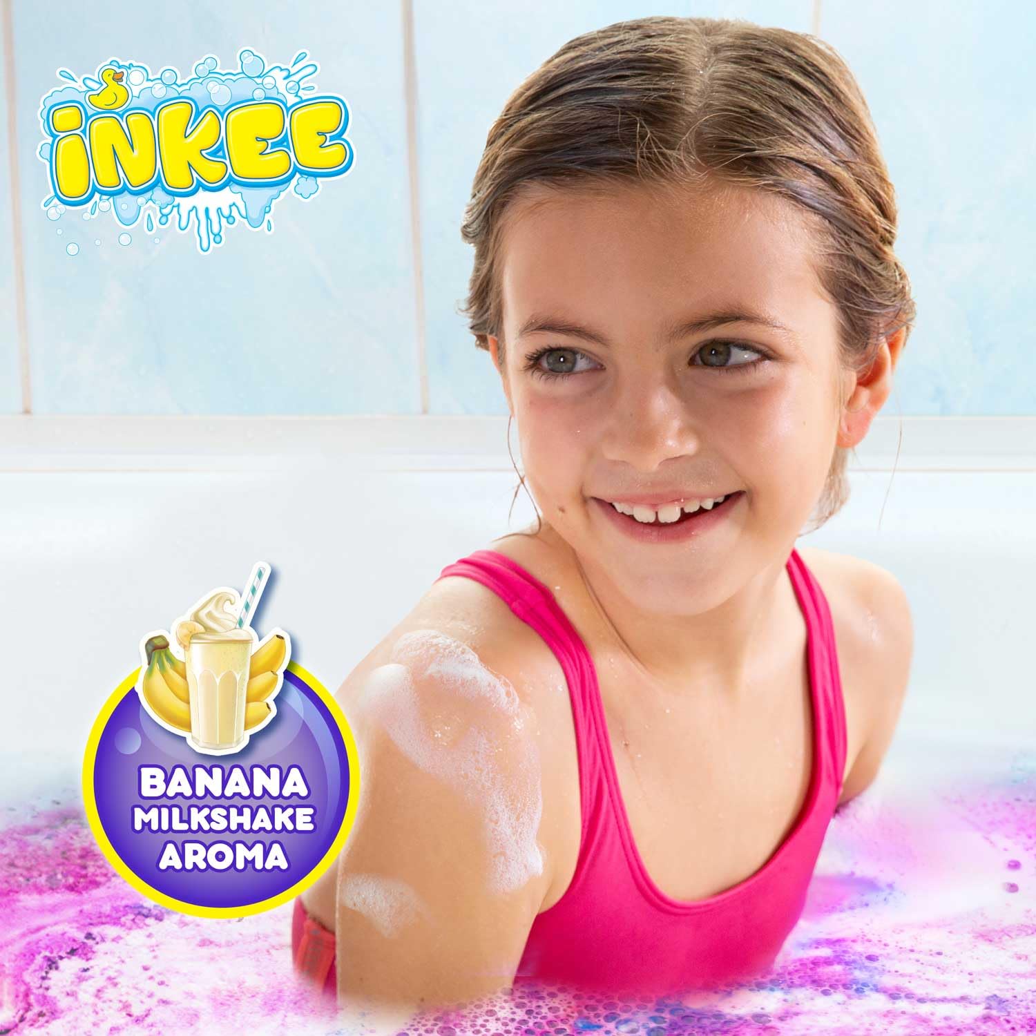 INKEE Granulés de Bain Galupy Mermaid Pack de 16 | Sels de Bain crépitants rose, bleu et violet avec huile de jojoba & arôme Milkshake banane, 16 Sachets de 60g