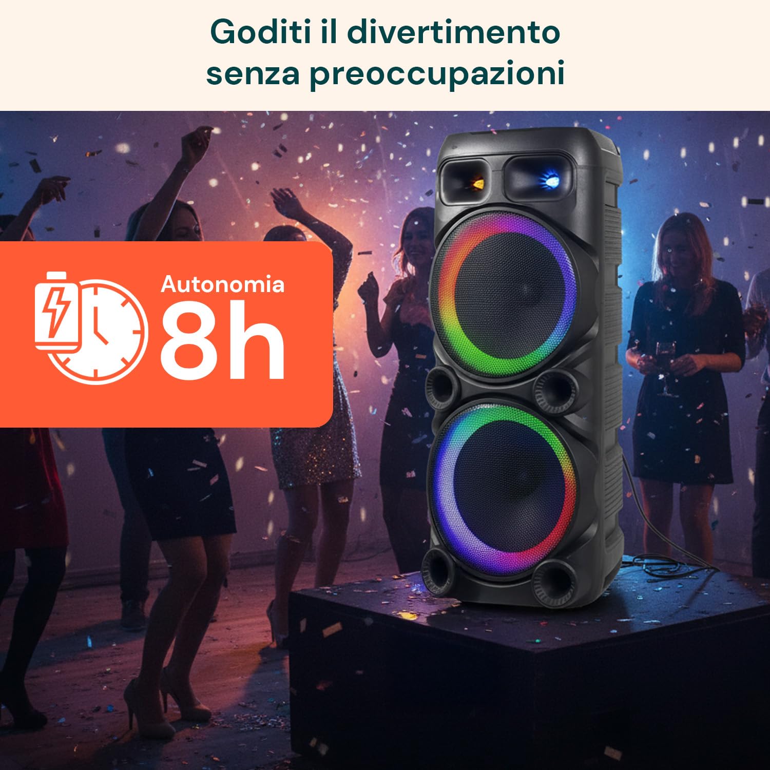 Avilia – Cassa Bluetooth 800W con Microfoni Wireless, Luci LED RGB e Telecomando | Speaker Portatile Potente per Karaoke e Feste, Batteria Ricaricabile fino a 8 Ore di Autonomia