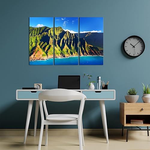 Miniatura 4 de Biuteawal Lienzo grande de 3 paneles Hawaii, arte de pared de la costa de Na Pali Kauai, impresiones en lienzo verde y azul, naturaleza, isla
