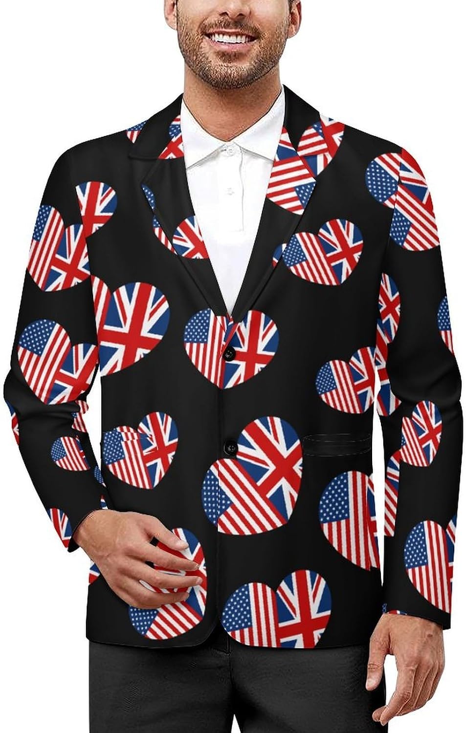 U.S. and UK Flag Heart Trendy Men's Two Button Suit Funny Casual Slim Fit Blazer Coat Tuxedos Jackets