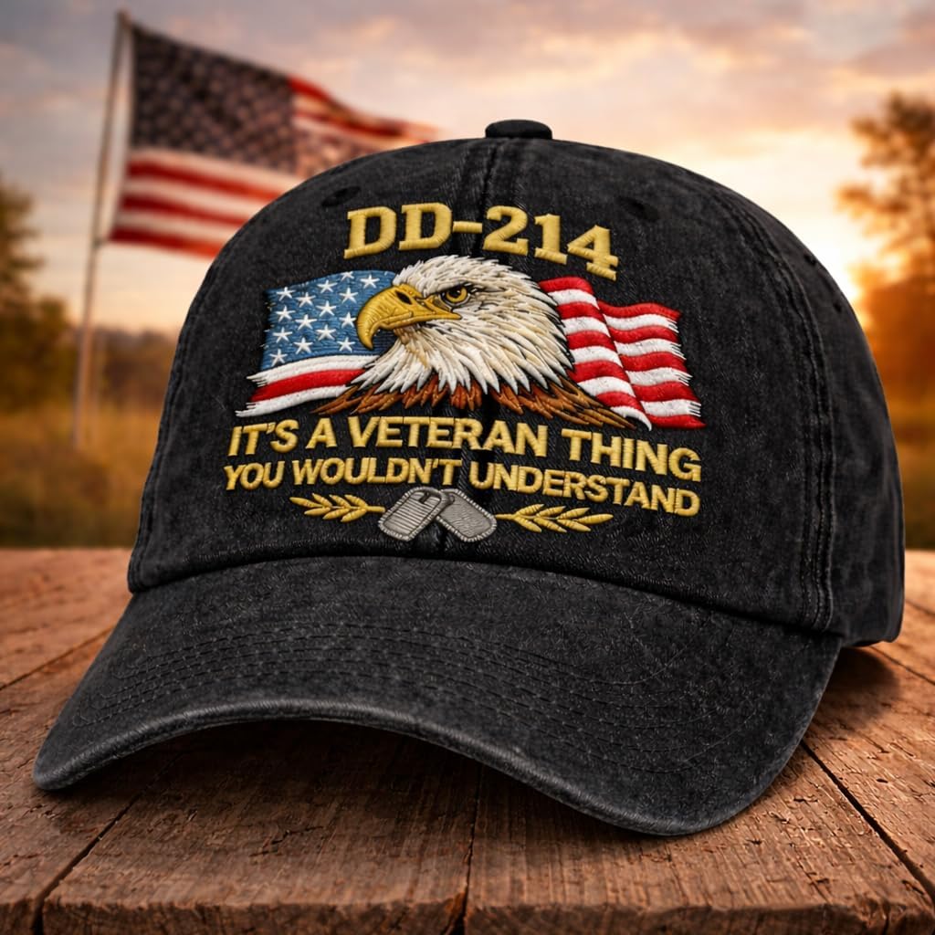 DD-214 Veteran Hat for Men Embroidered Patriotic Military Baseball Cap with Flag & Dog Tags, Adjustable Fit - Image 2