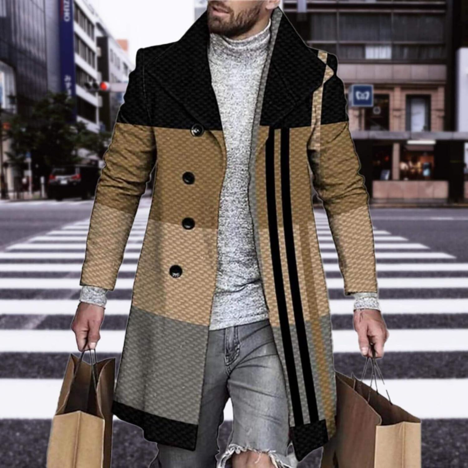 Men's Plaid Long Trench Coat Mid - Length Lapel Collar Button Down Warm Overcoat for Winter & Autumn Fashion - Image 3
