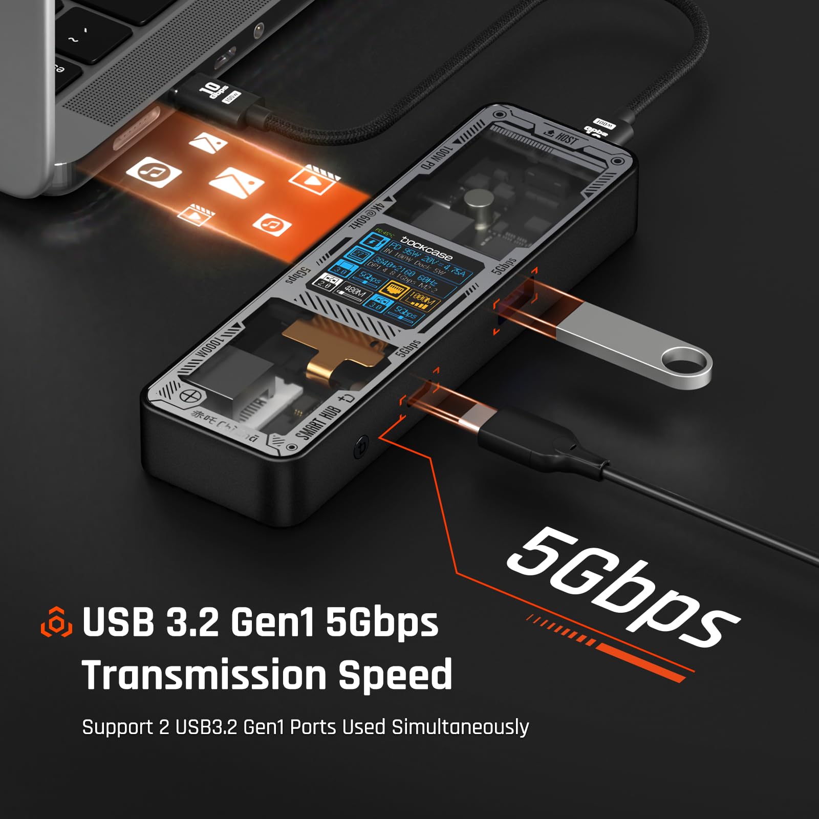 DOCKCASE Explorer Edition USB C Smart Hub 6 en 1, 1 puerto Gigabit Ethernet, adaptador multipuerto HDMI 4 K a 60 Hz, PD 3.0 100 W, 2 USB-A 3.2, 1 puerto USB-C, base USB C para MacBook Pro/Air, Dell