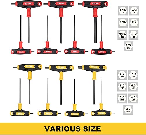 Miniatura 3 de Topline Juego de llaves Allen de 14 piezas, mango en T métrico y SAE, juego de llaves hexagonales de brazo largo con caja de almacenamiento, juego