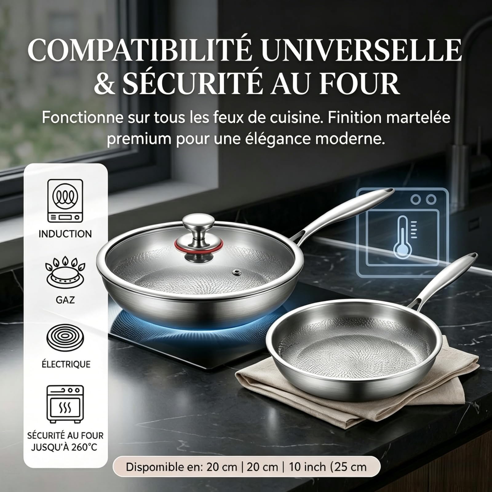 Poele Titanex,2026 Neu PoêLe Titane Pur Avec couvercle, 26/28/30 AntiadhéSive, Compatible Induction & Tous Feux, Surface MarteléE RéSistante Aux Rayures，30cm
