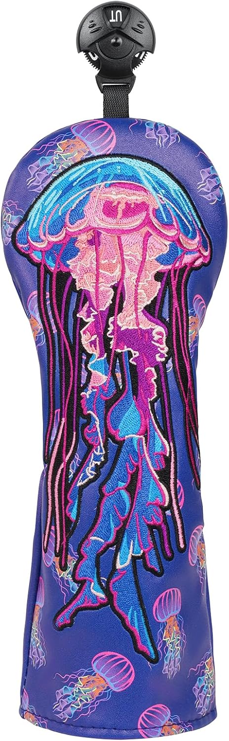 Golf Club Head Covers Driver Fairway Wood Hybrid Golf Club Headcover Leather Protector Heavy Embroidered Colorful Jellyfish