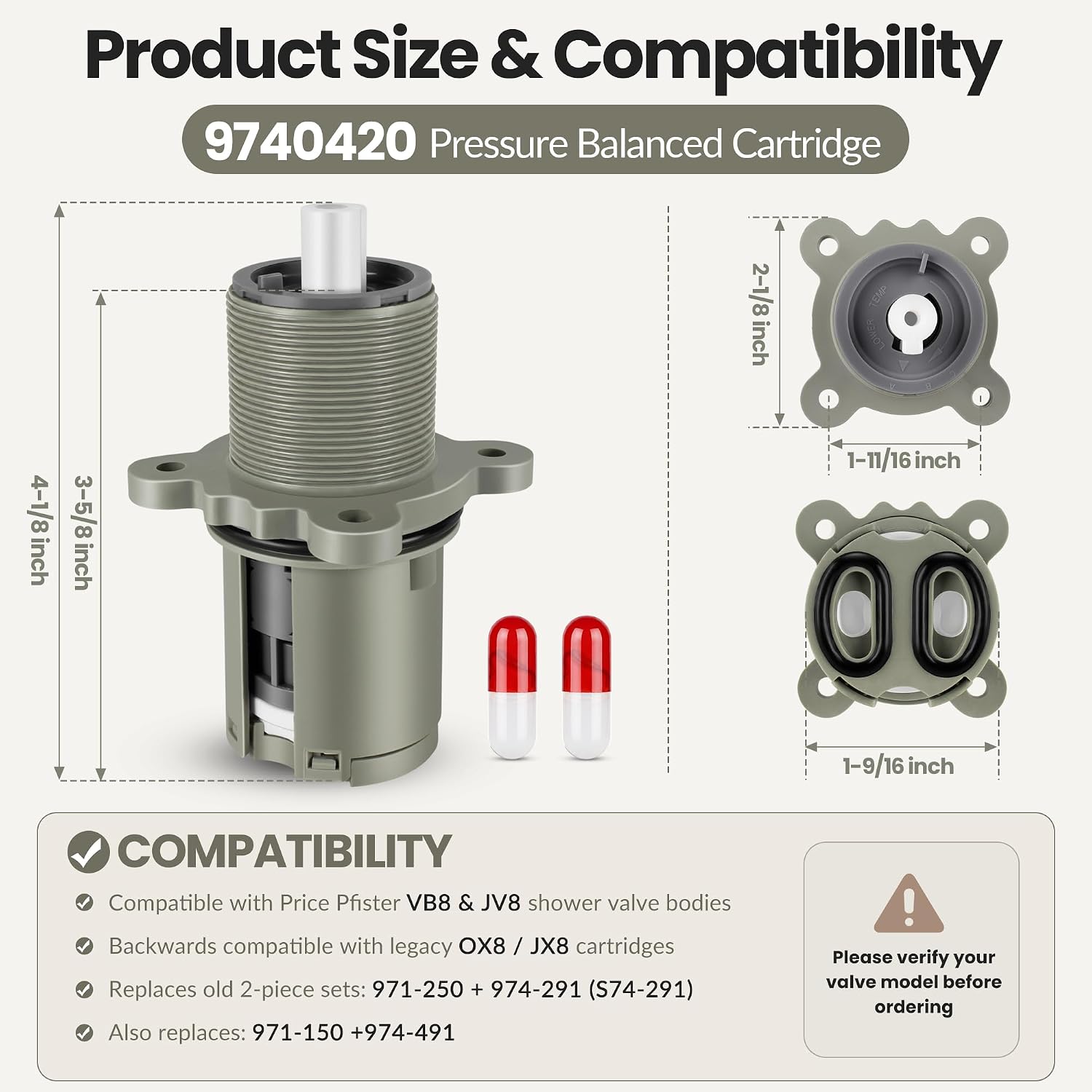 9740420 Pressure Balanced Cartridge Compatible with Price Pfister Cartridge | Shower Cartridge Replacement Parts Compatible with Pfister 0X8/JX8/VB8/JV8 Tub & Shower Valves, Pressure Balanced Design