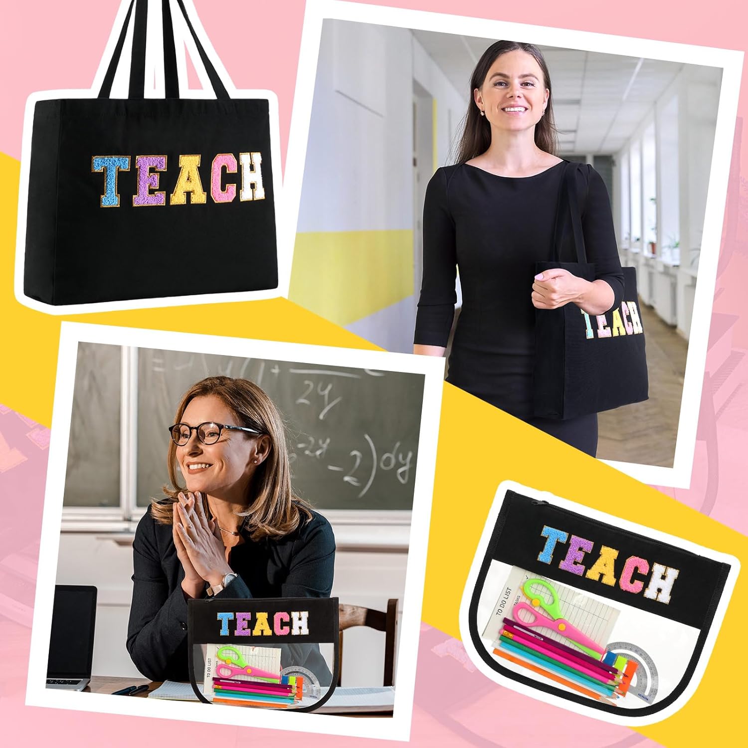 Talltalk 12 Pcs Teacher Tote Bags Bulk, Black Appreciation Gifts Chenille Letters Totes Bags with Makeup Pouch Set for Easter Graduation Party Teacher Gifts - Image 5