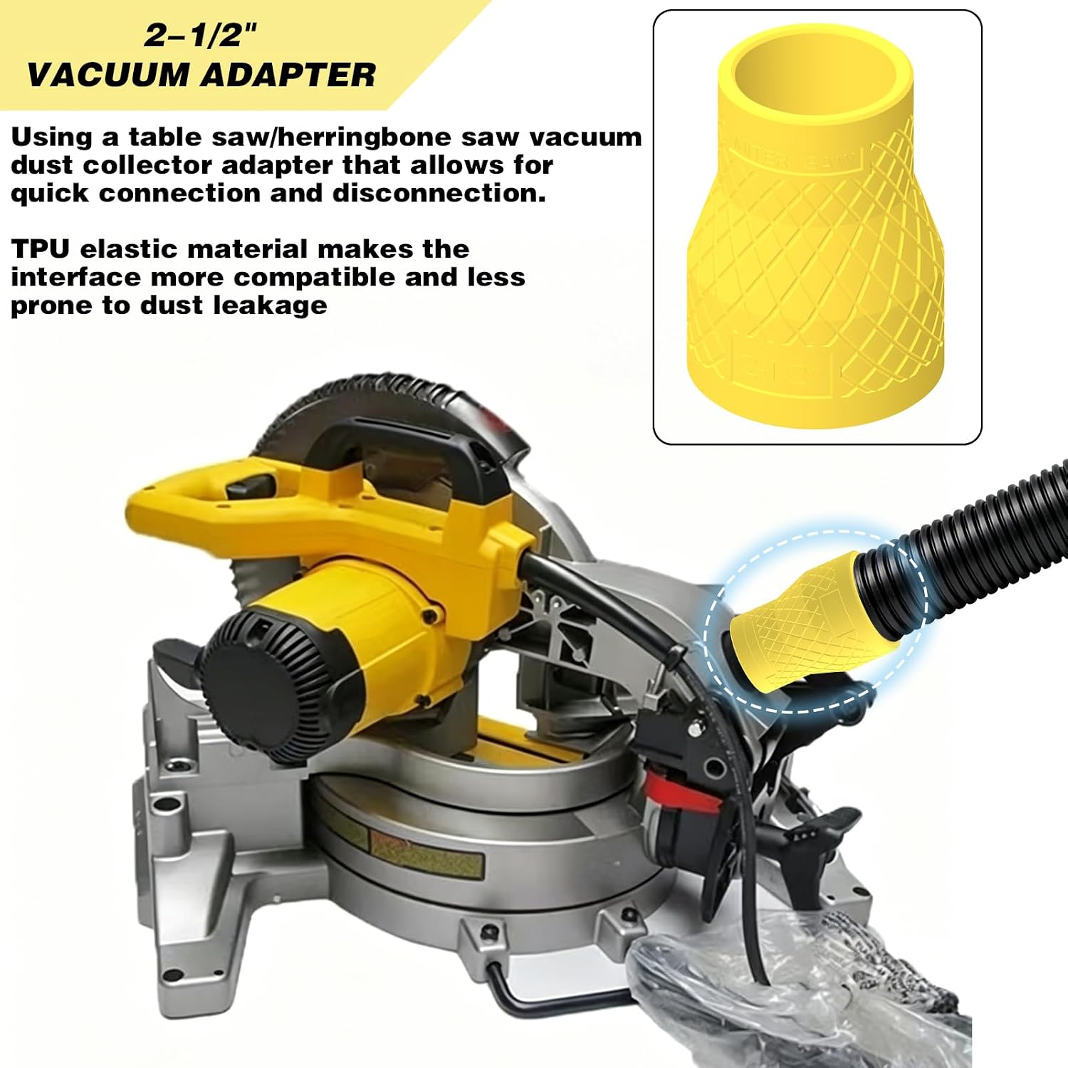 TPU Flexible Material Miter Saw Vacuum Adapter, Universal Quick Connect Dust Hose Compatible with Miter Saws, Sanders Accessories Fits DWS713 DWS715 DW716 DWS716 DWS779 DWS780 DCS781B （2-1/2" Hose）