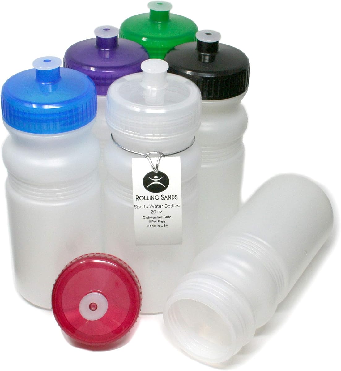 Rolling Sands Botellas de agua deportivas de 20 onzas fabricadas en Estados Unidos, paquete de 6 botellas deportivas en blanco sin BPA para equipos pequeños, adultos y niños, botella transparente helada/tapa variada, sin olor, sin sabor
