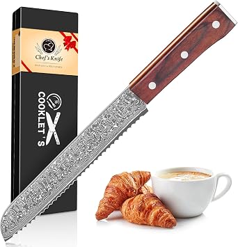 COOKLETS Bread Knife, Professional VG10 Damascus High Carbon Stainless Steel Bread Cutting Knife, 8 Inch Serrated Cake Knife Bread Cutter, G10 Ergonomic Color Wooden Handle with Gift Box