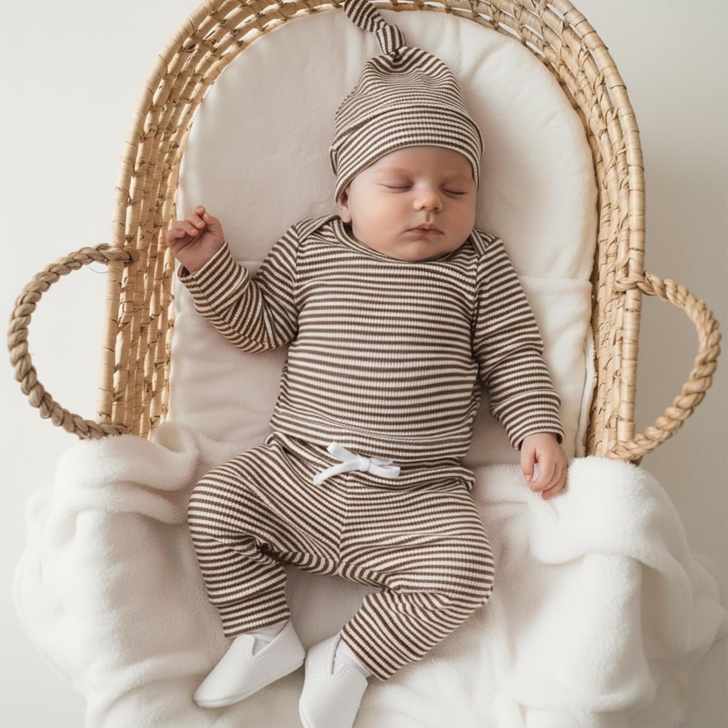 fhutpw Baby Boy Clothes 3 6 9 12 Months Striped Long Sleeve Romper Tops + Pants + Hat 3Pcs Infant Fall Winter Bodysuit Outfit - Image 2