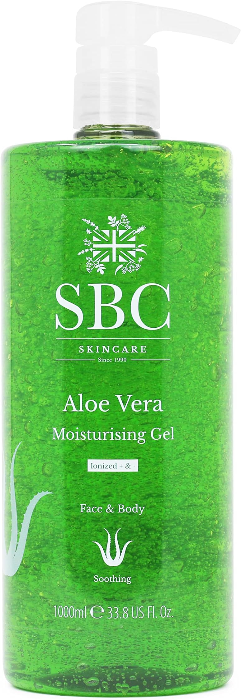 SBC Skincare Aloe Vera Moisturising Gel - 1000ml | Lightweight Aloe Vera Cooling Gel for Face and Body | Aloe Vera Moisturiser for Dry, Damaged and Sunburn Skin | Aloe Vera Aftersun Gel