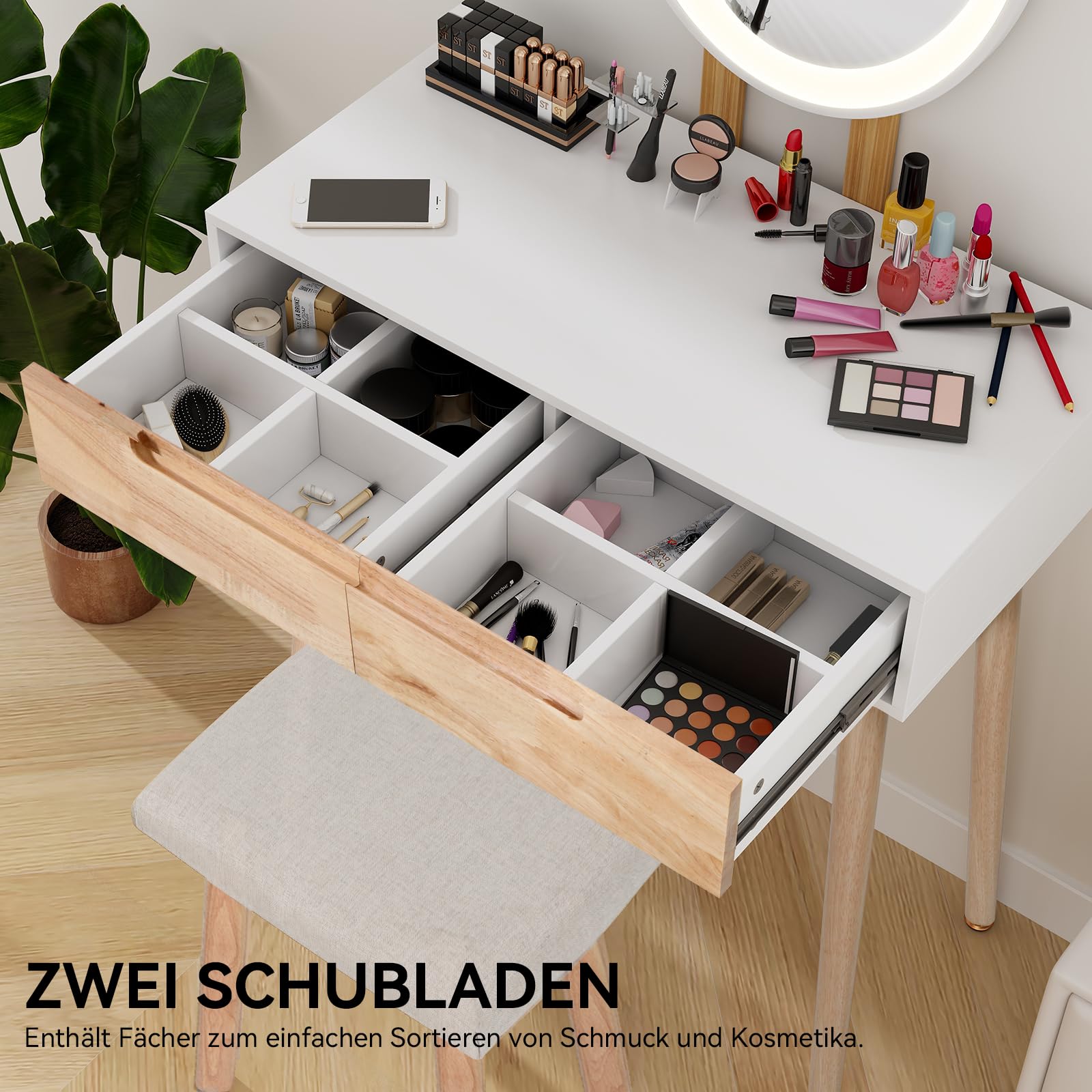 YU YUSING Schminktisch mit LED-Beleuchtung Spiegel, Schminktisch mit Stuhl