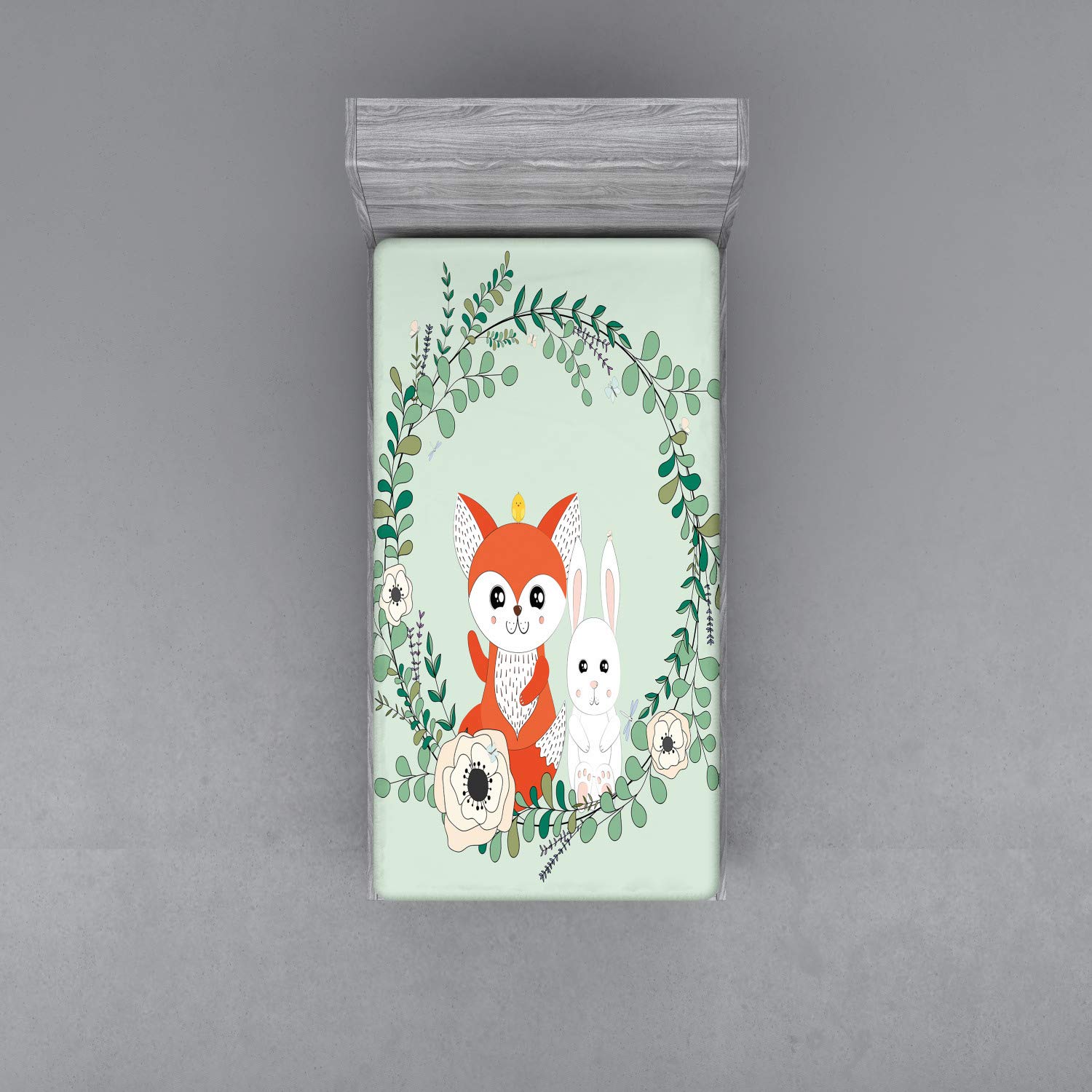 Ambesonne Cartoon Animal Fitted Sheet, Spring Friends Rabbit and Fox Floral Cartoon, Soft Decorative Fabric Bedding All-Round Elastic Pocket, Twin Size, Green Vermilion