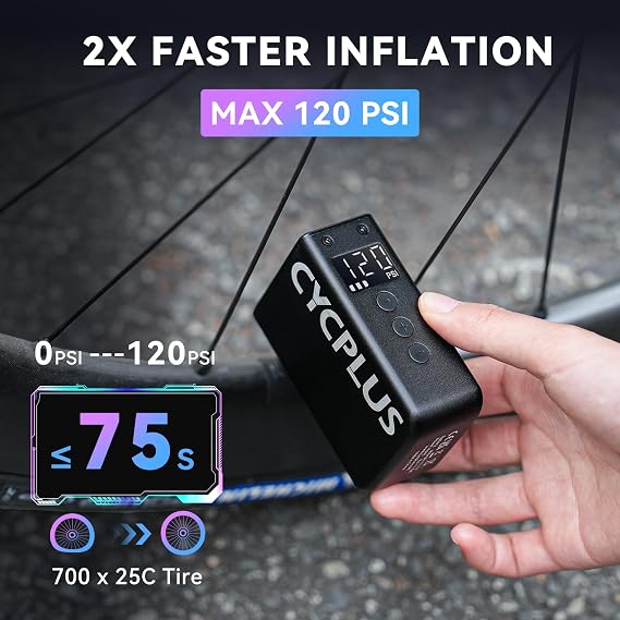 CYCPLUS AS2 Pro Max Tiny Pump Mini with Gauge, Max 120 PSI Cordless Bicycle Air Pump, Auto Stop, with Presta and Schrader Valve for Car, Motorcycle, Bike and Ball (2025 Updated Version)