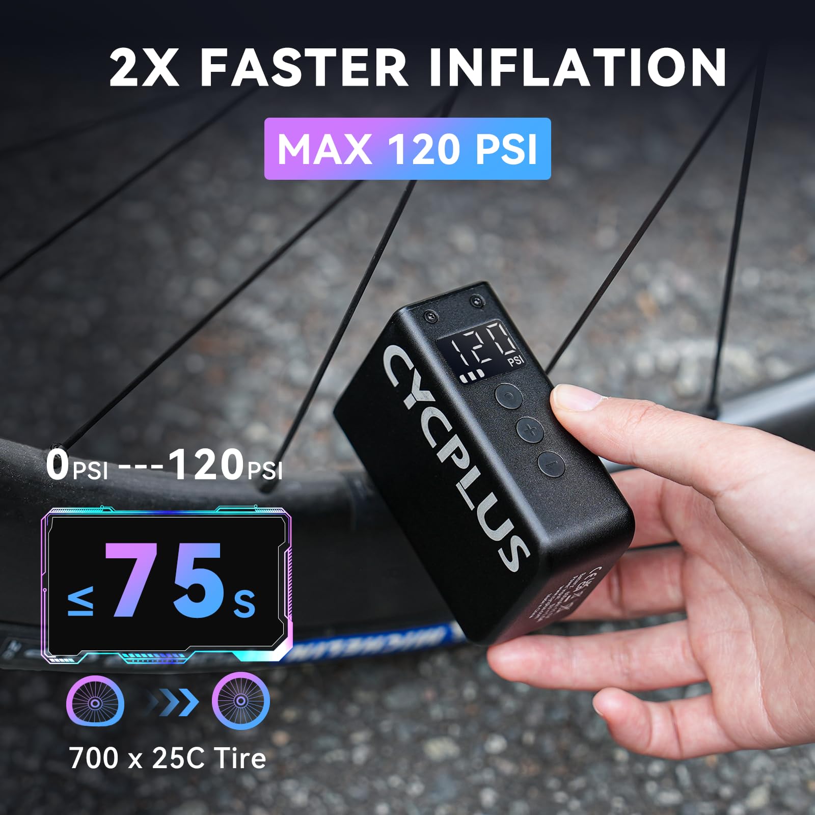 CYCPLUS Tiny Pump Mini Bike Tire Pump, Max 120 PSI Cordless Bicycle Air Pump, Auto Stop, with Presta and Schrader Valve for E-Bike, Mountain, City and Road Bike AS2 Pro Max (2025 Upgraded)