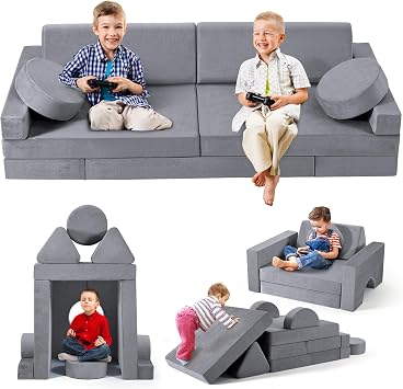 Kids Sofa,Modular Play Couch, Kids Sofa, Bedroom and Playroom Furniture for Toddlers, Convertible Foam Set of 14 - Grey