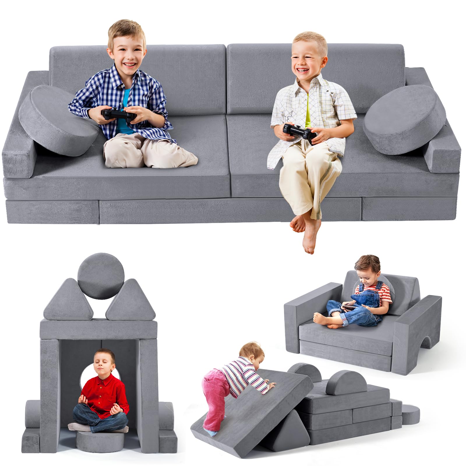 Canapé pour Enfants, canapé pour Enfants avec Blocs de Mousse, canapé modulable Pliable Multi-Styles, pour Espace de Couchage et Salle de Jeux pour Enfants (Gris-14pcs)