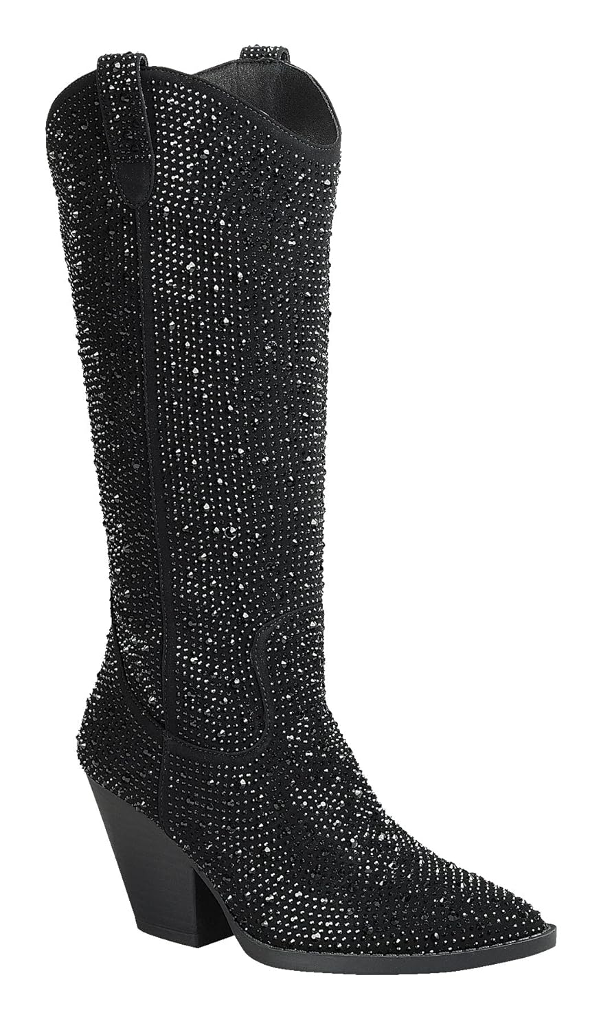 Womens Rhinestones Cowboy Knee High Boots River 11 Black Rhinestone 7