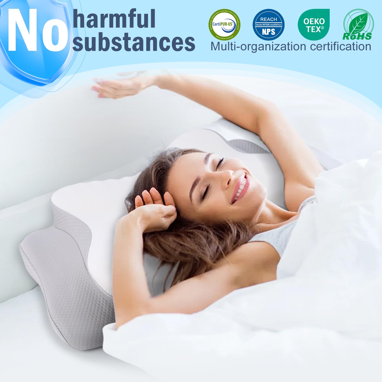 DROMEZ Cuscino Cervicale per Dormire, Cuscino Ortopedico Ergonomico, Memory Foam con Fodera Rimovibile, Dolori al Collo e Spalle, per Dormire di Lato, Supini e a Pancia in Giù, 62x37x9/14 cm