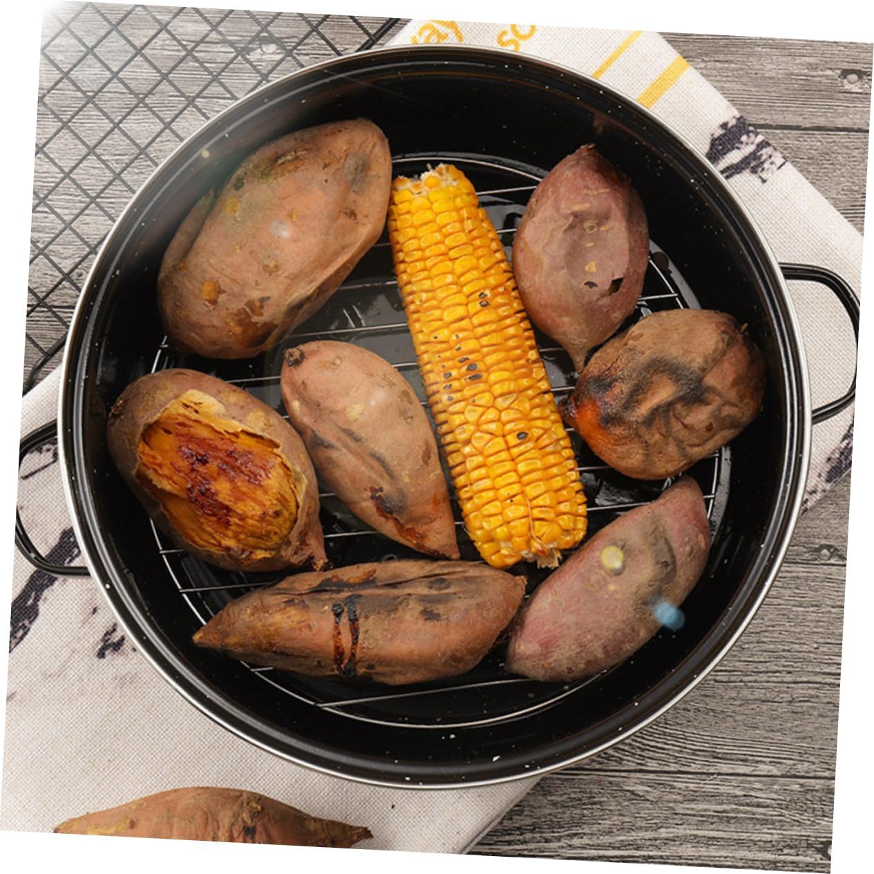 Multi-Function Roasted Sweet Potato Pot with Smoke Vent Nonstick Roasting Container for Corn Chestnuts Chicken Wings Suitable for Home Cooking and Outdoor Grilling
