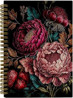 JTRYHRERE Vintage Dark Moody Peony Floral A5 Spiral Lined Journal Notebook | Maximalist Dark Cottagecore Pink Flower Botanical Notebook Journal for Women Note Taking Work Study, 5.5x8.3 Inch