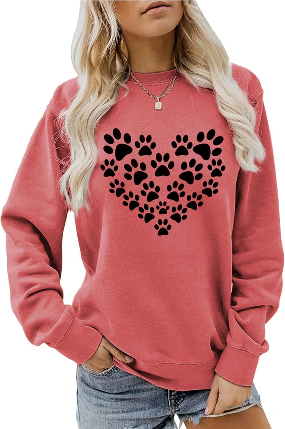 Womens Dog Mom Sweatshirts Cute Dog Paw Print Heart Graphic Long Sleeve Crewneck Casual Tee Tops