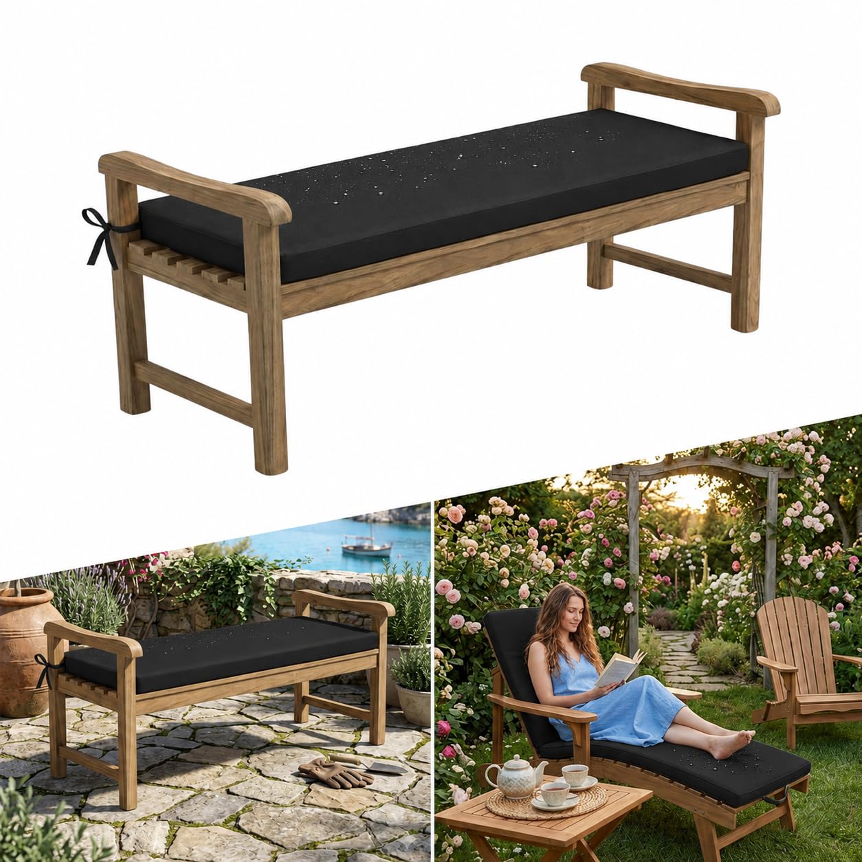 AZMAHT Waterproof Garden Bench Cushion Outdoor Furniture Cushions 2 3 4 Seater Garden Cushions 5cm Thick Bench Seat Pad with Straps & Removable Cover for Patio Swing Seat Sofa,Black,60x40x5cm