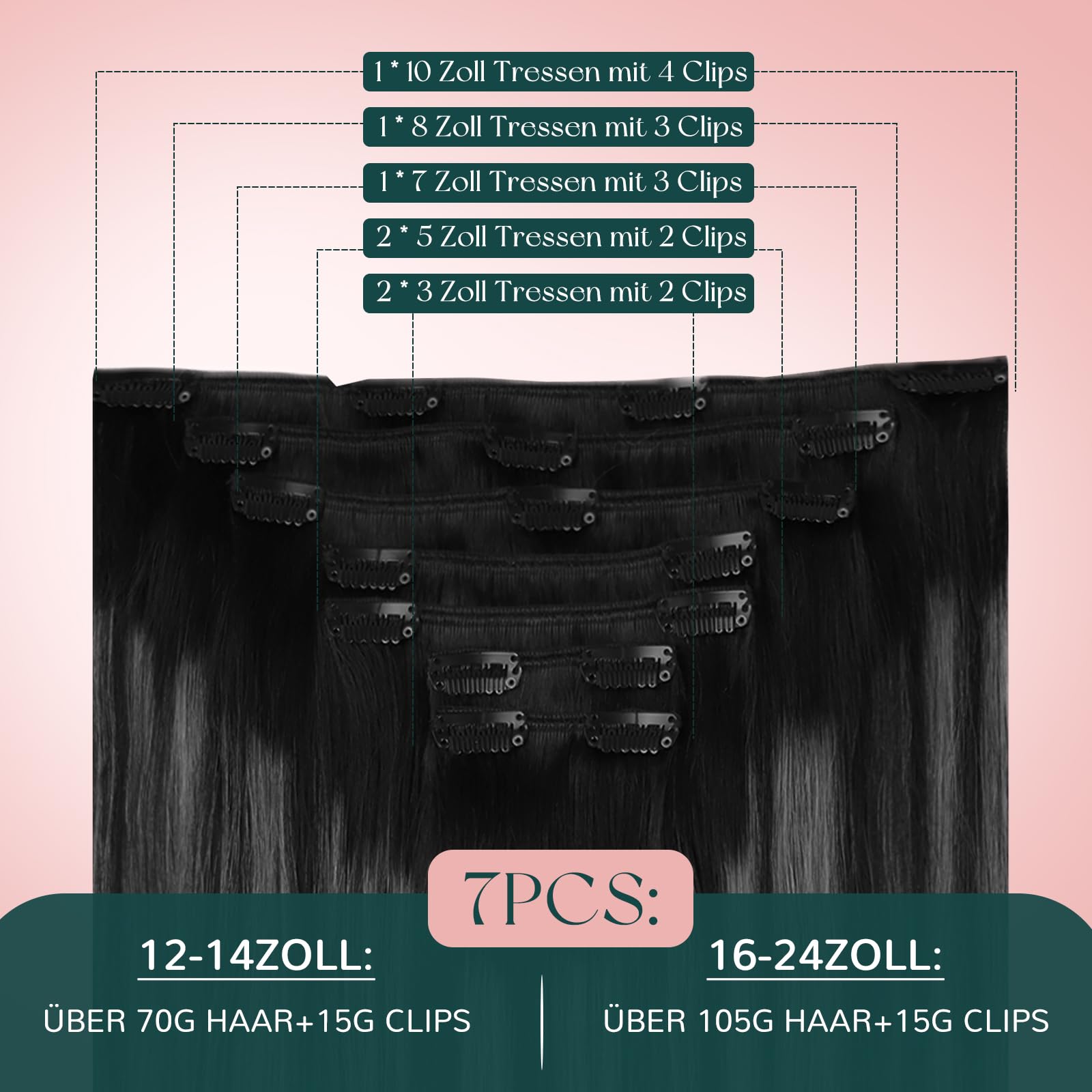 Easyouth Echthaar Extensions Clip in Haarverlangerung Echthaar Clips Off Black Mix Silber und Off Black 50cm 120g 7Pcs Doppelt Tressen Clip in Echthaar Extensions
