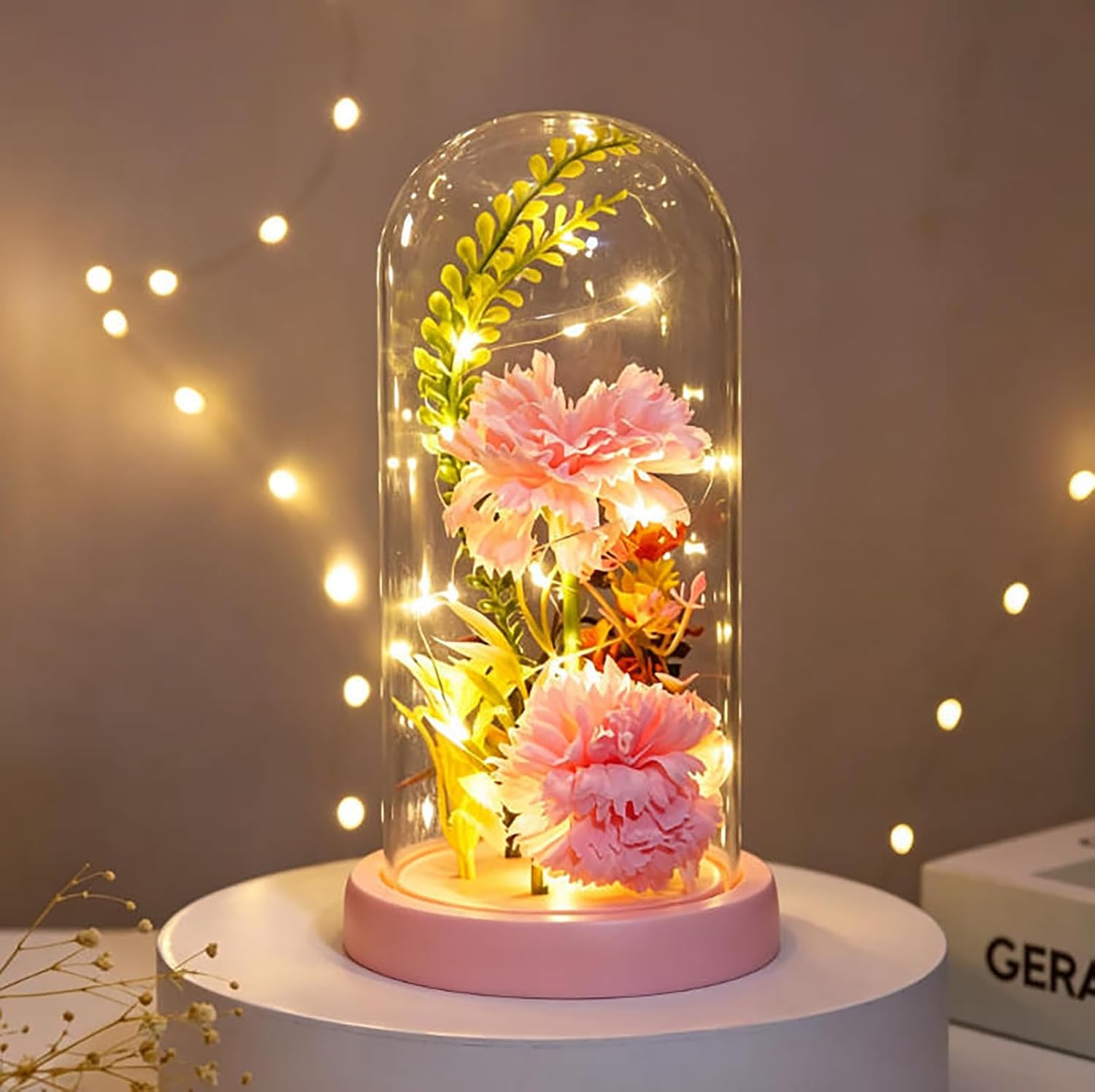 Galaxy Glass Carnation Forever Preserved Flower with Light, Valentines Day Birthday Gift for Women, Mom, Wife, Girlfriend, Light Up Carnation in Glass Dome for Mothers Day