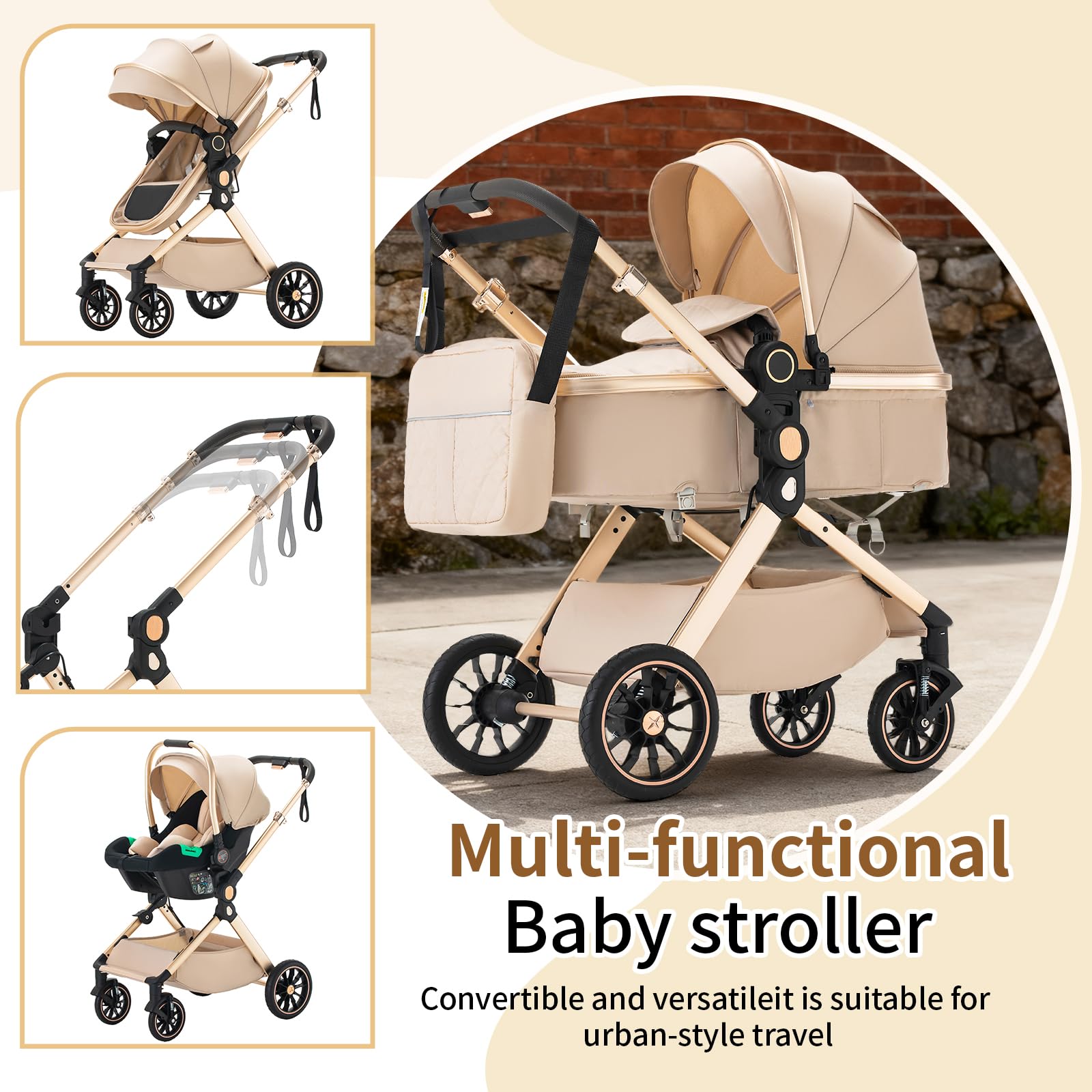 BEBBY Cochecito de bebé 3 en 1,Carrito Bebe 3 en 1 Con Asiento, Cochecitos Portátil Plegable Con, Carricoche Combinado Paisaje Alto Marco de Aluminio Para Recién Nacido (U9-X-BEIGE, U9-X)
