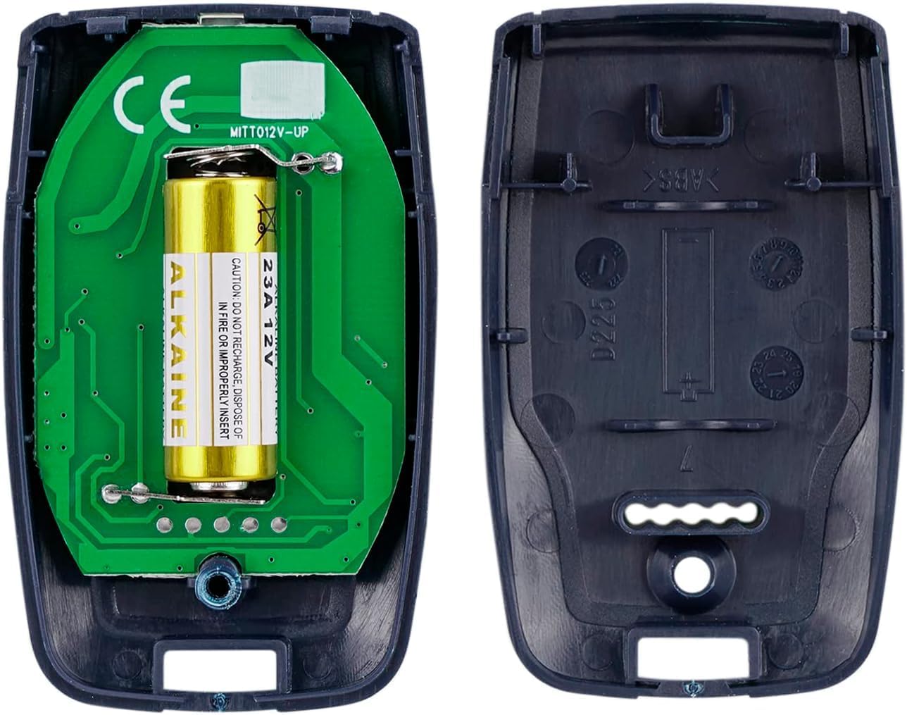 Internal view of the remote control showing the circuit board and battery compartment.