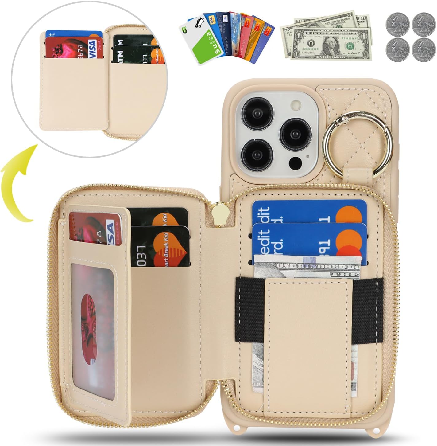 Crossbody Wallet Case for iPhone 15 Pro Max, PU Leather Zipper Handbag Purse Flip Cover, Kickstand Folio Case with Card Slots Holder Wrist Strap Lanyard 5G 6.7 Inch-White - Image 2