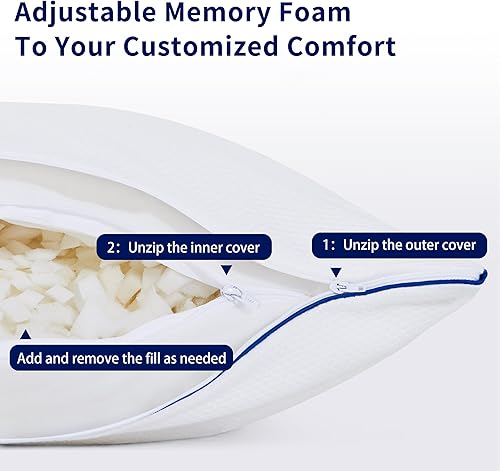 Miniatura 3 de CHUN YI Juego de 2 almohadas de espuma viscoelástica trituradas de tamaño estándar, almohadas de cama ajustables para dormir, paquete de 2 almohadas