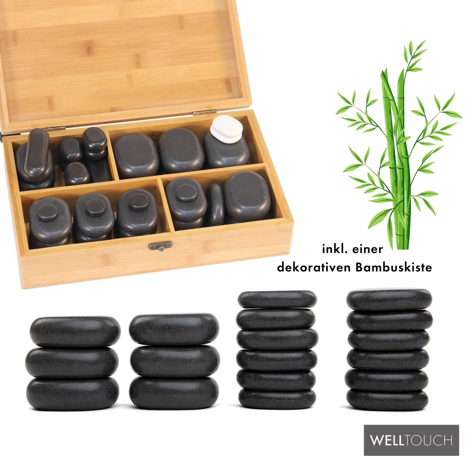 WellTouch Hot Stone Massage Steine Set | 40 Steine inklusive Cold Stones | Heiße Massagesteine aus Basalt | Mit dekorativer Bambuskiste | Wellness Wärme-Behandlung | Massagetherapie