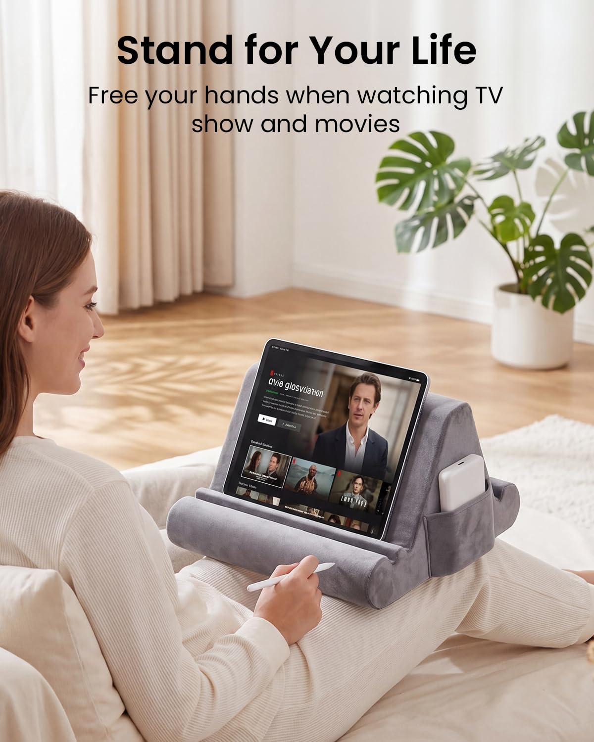 Support tablette en forme de coussin, coussin doux pour les genoux, support tablette pour le lit avec 3 angles de vue, poche, support pour stylet, compatible avec iPad Pro 13, 10.5, Air, Mini