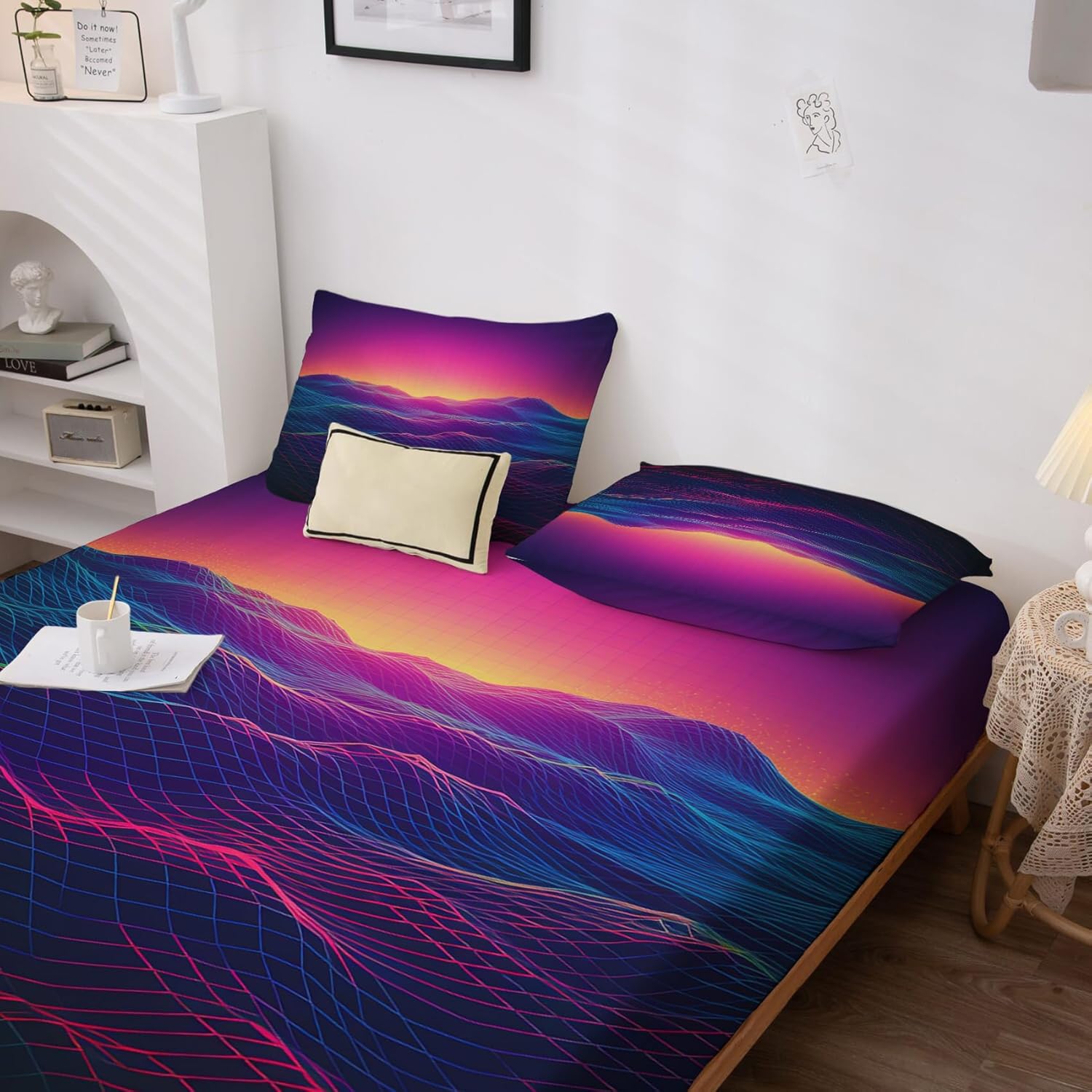 Neon Wave Sheets Twin XL Size Bed, Vaporwave Pattern Sheet Set & Bedroom Decor - 16 Inch Deep Pocket, Super Soft Microfiber Bedding Sheets & Pillowcases 3 Piece
