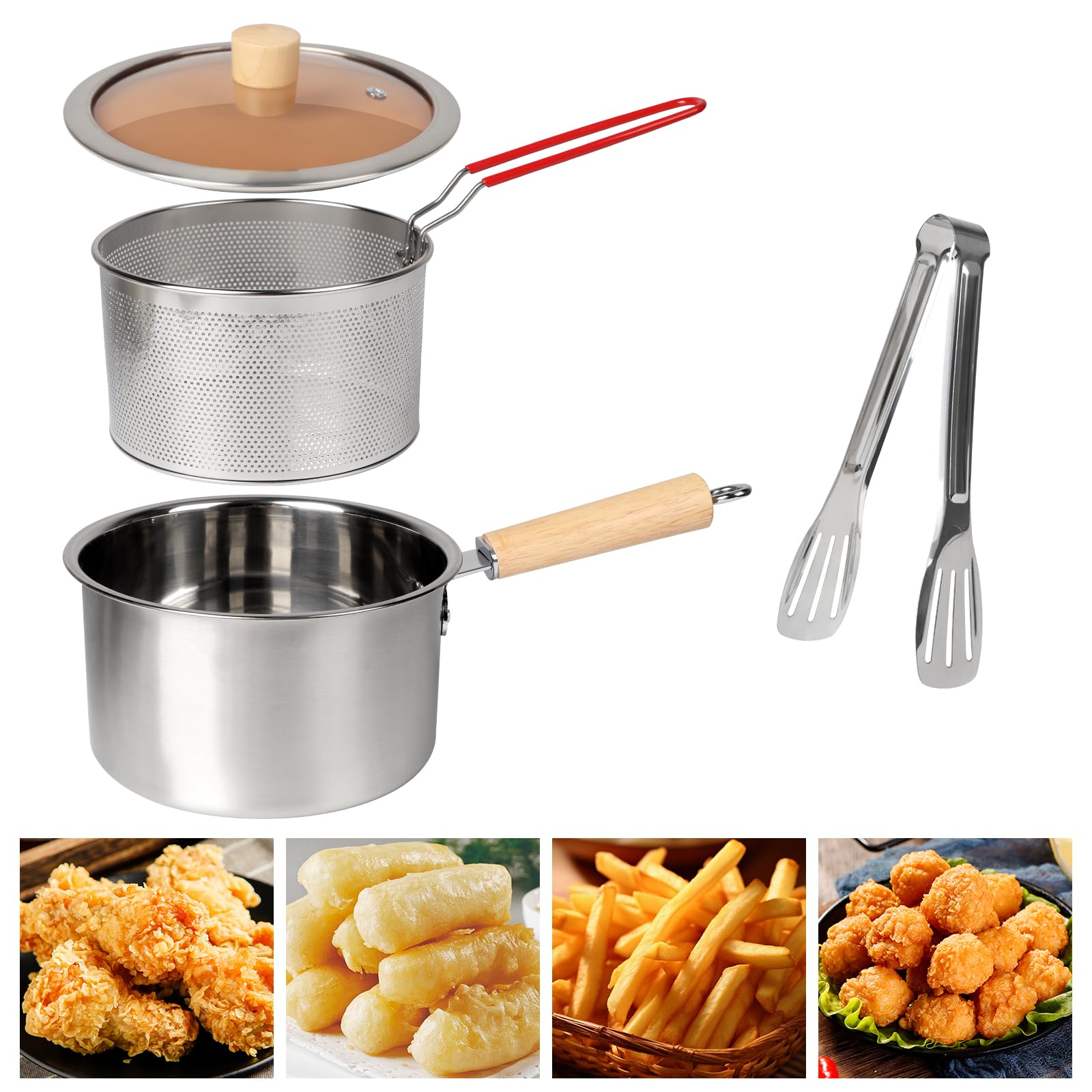 Pentolino Friggitrice con Cestello in Acciaio Inox 304,Mini Friggitrice ad Olio Multifunzione con Filtro Maglia Fine & Cestello & Coperchio,Pentola Frittura a Maglia Fine per Tempura (2.5L)