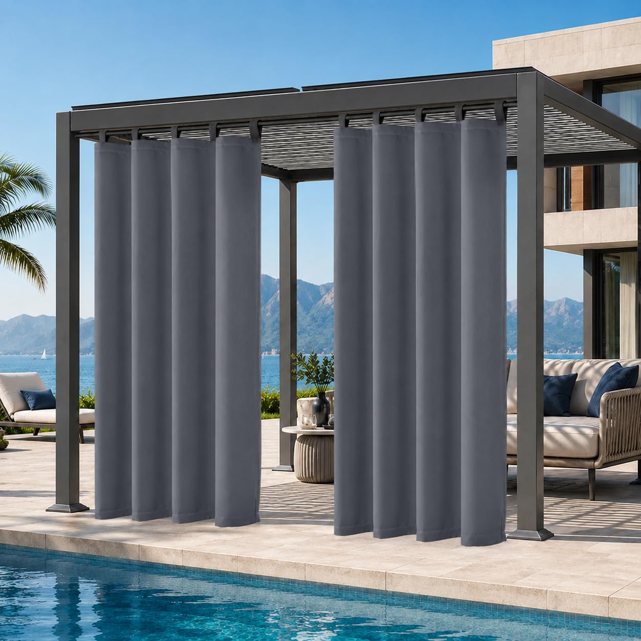 Outdoor Vorhang Wetterfest mit Abnehmbaren Schlaufen 2er Set | Außenvorhang Sonnenschutz Wasserdicht Sichtschutz für Garten Pavillon Pergola Terrasse Balkon (H274xB132cm, Dunkelgrau)