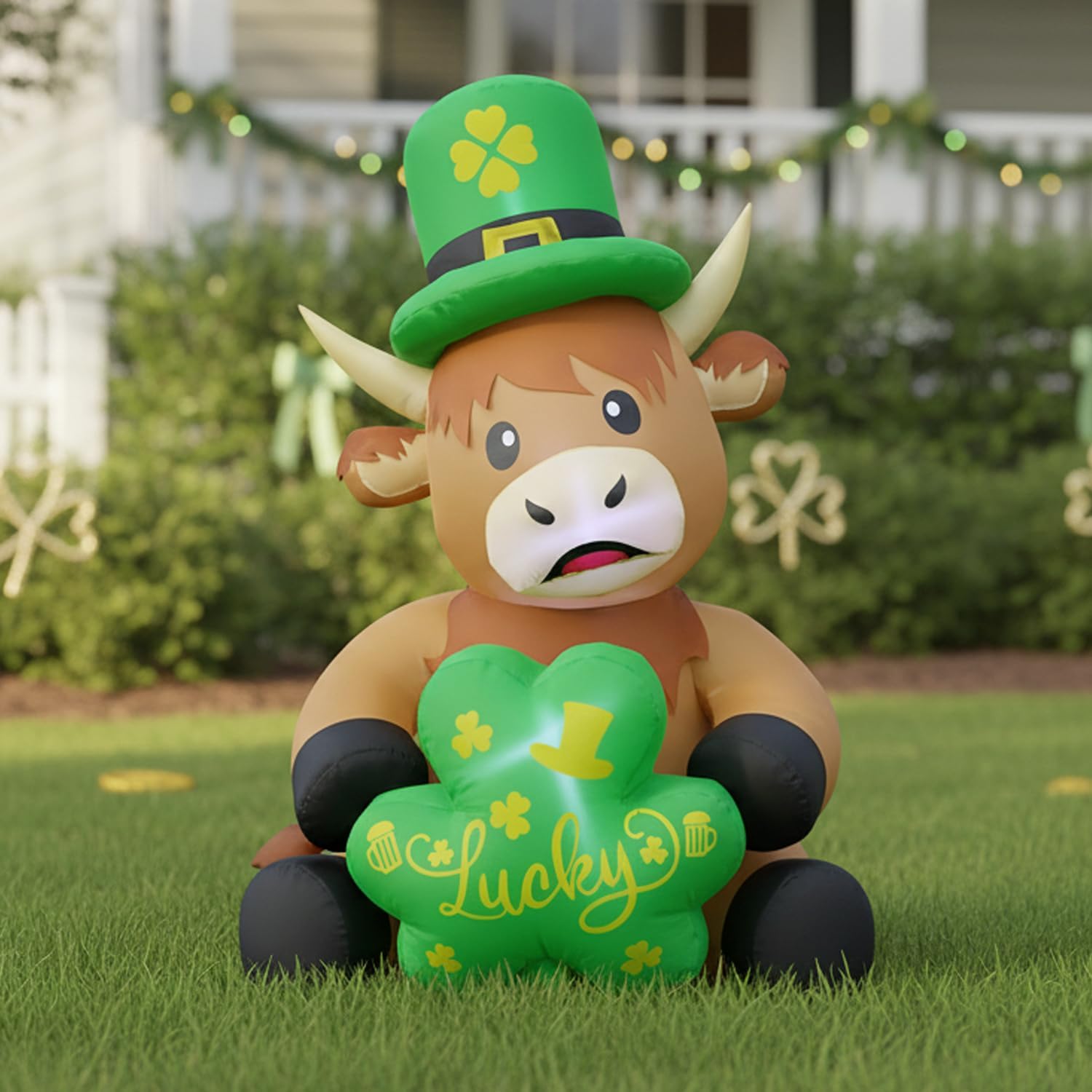 5FT St. Patrick's Day Inflatable Highland Cow Blow Up Highland Cow with Shamrock and Bow Hat Outdoor Decoration with LED Lights for Yard, Garden, Lawn, Home, Party Decor - Image 6