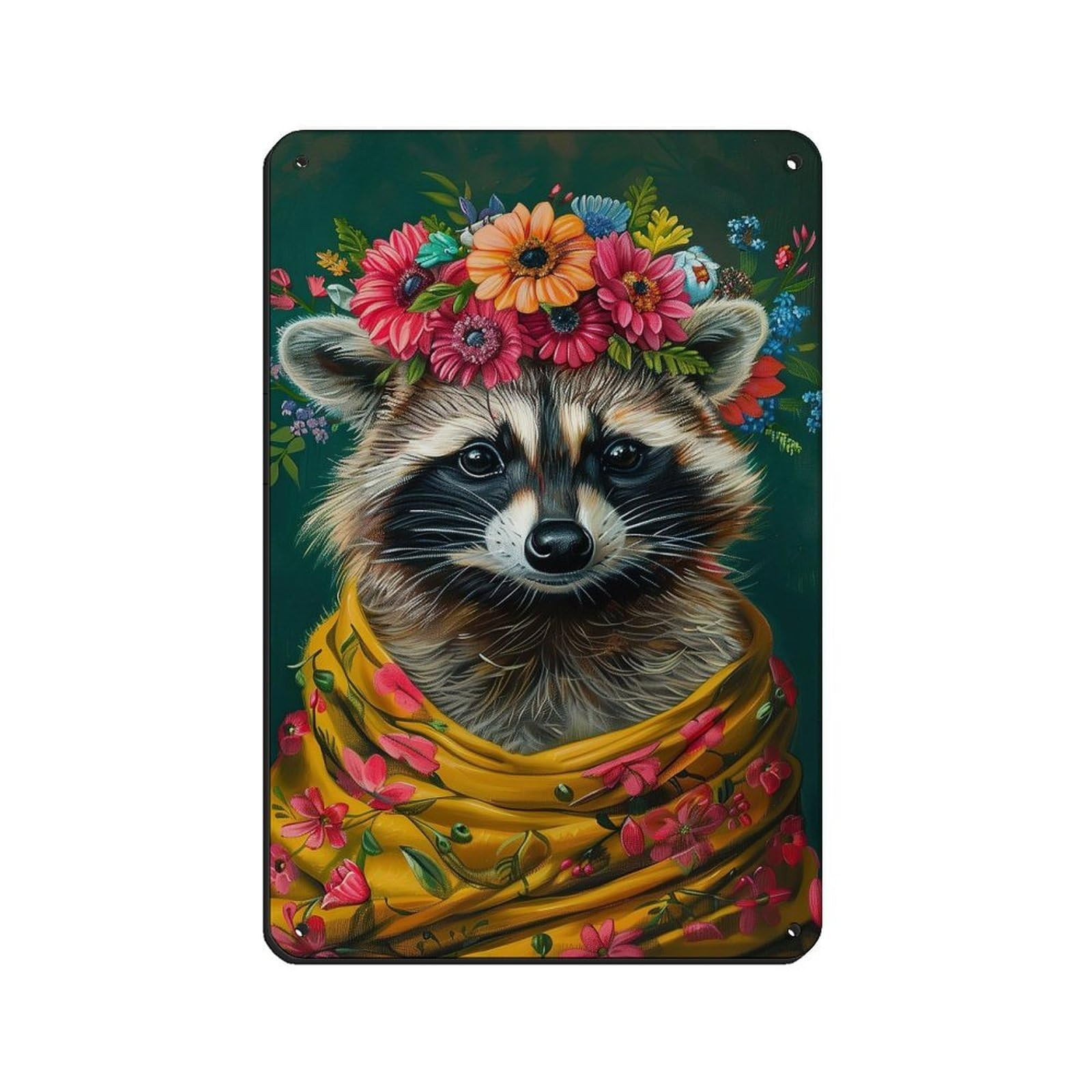 Vintage Maximalist Floral Raccoon Painting Poster Tin Sign Vintage Metal Pub Club Cafe Bar Home Wall Art Decoration Poster Retro 8x12inch(20x30cm)