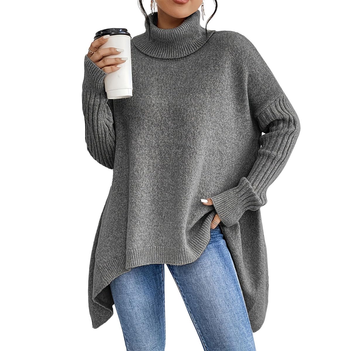 Womens Clothing Solid Color Turtleneck Sweater Womens Pullover Asymmetrical Hem Long Sleeve Pullover Sweater