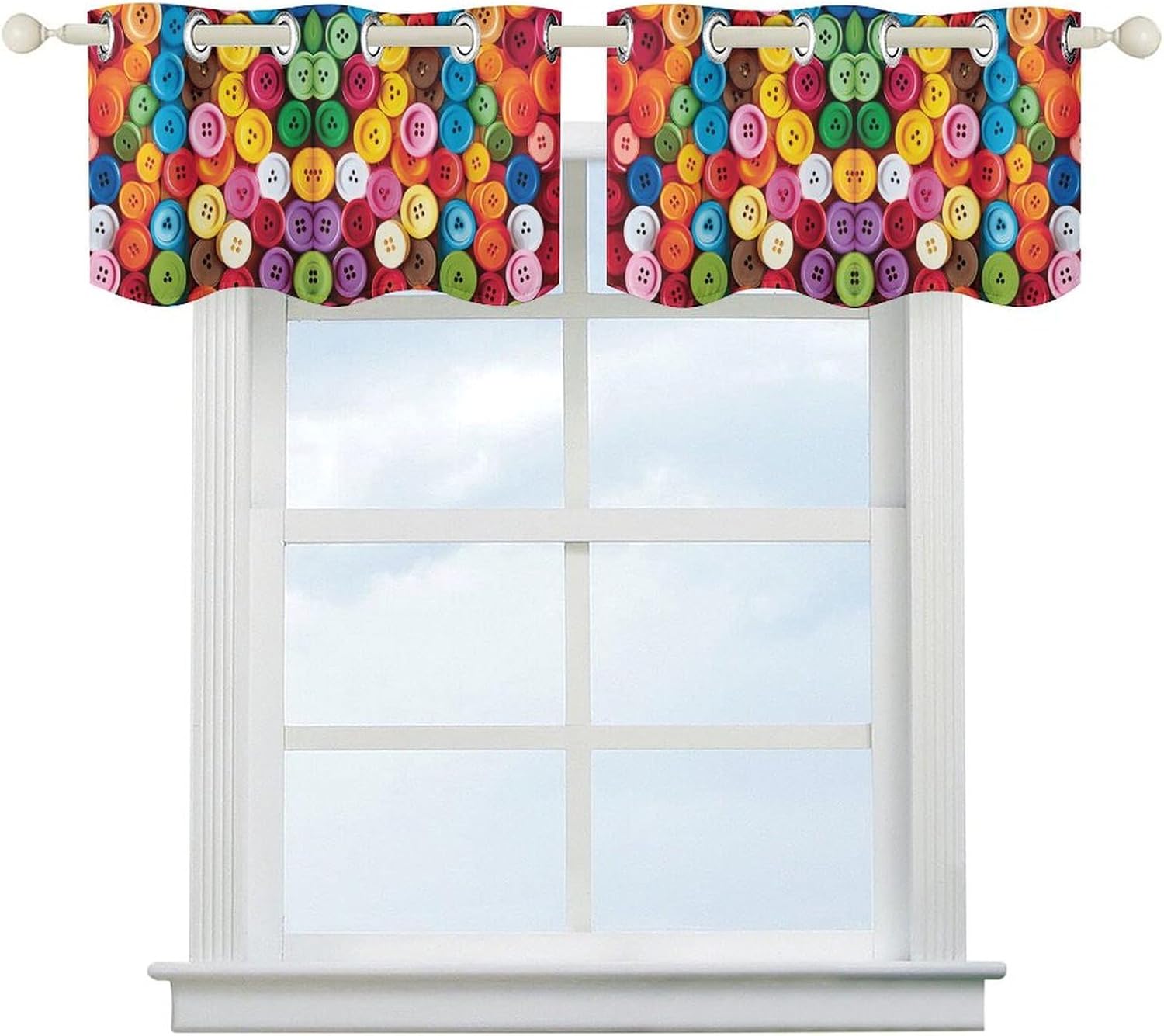 Colorful Buttons Printed Short Window Curtains, Grommet Small Valance, Decorative Short Curtains Suitable for Window Sills in Bedrooms, Living Rooms, Kitchens, Etc