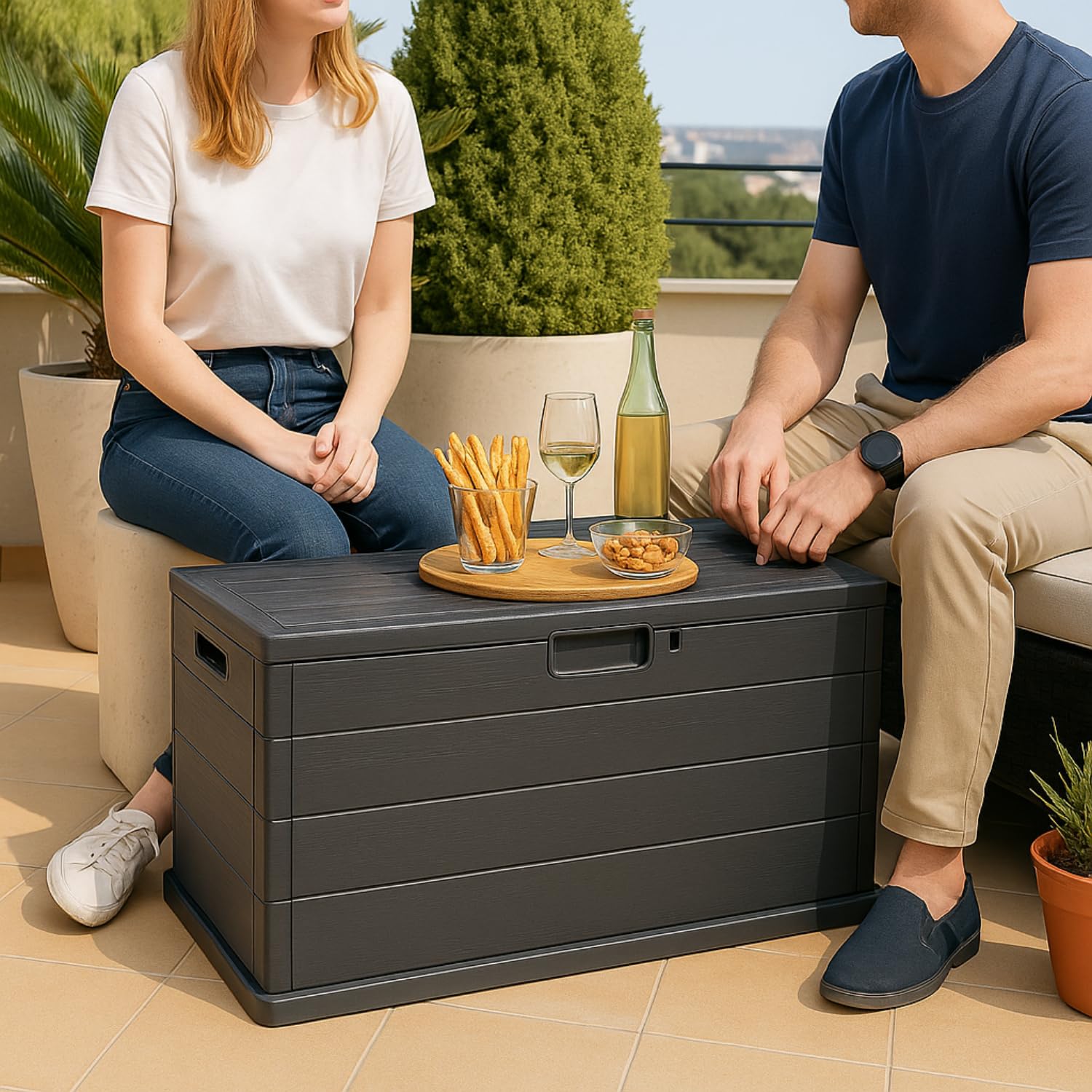 VIRSUS Baule da Giardino con Ruote, misura 118x59x57 cm, Cassapanca Effetto Legno Antracite, Impermeabile, Chiusura Lucchettabile, Contenitore da Esterno, Capacità 340 Litri -ALP001F