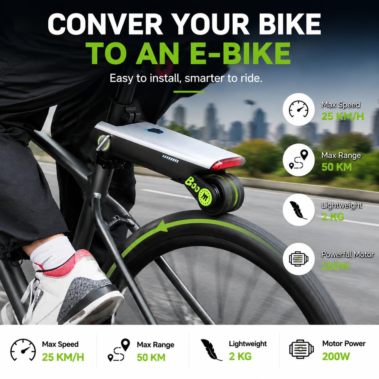 Kit Conversione Bici Elettrica con Controllo Via App,Kit di Conversione E-Bike con 4 modalità di Assistenza, Installazione Rapida, Nessuna Sostituzione di Componenti, Autonomia di 50 Km Green