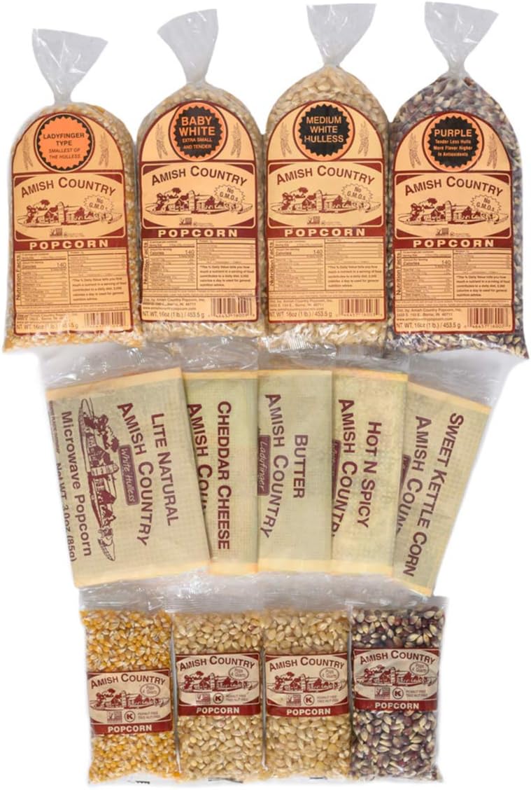 Variety Sampler Pack | 4-4 oz Bags, 4-1 lb Bags and 5 Microwave Bags | Baby White, Medium White, Ladyfinger and Purple Popcorn Kernels and 5 Flavored Microwave Bags