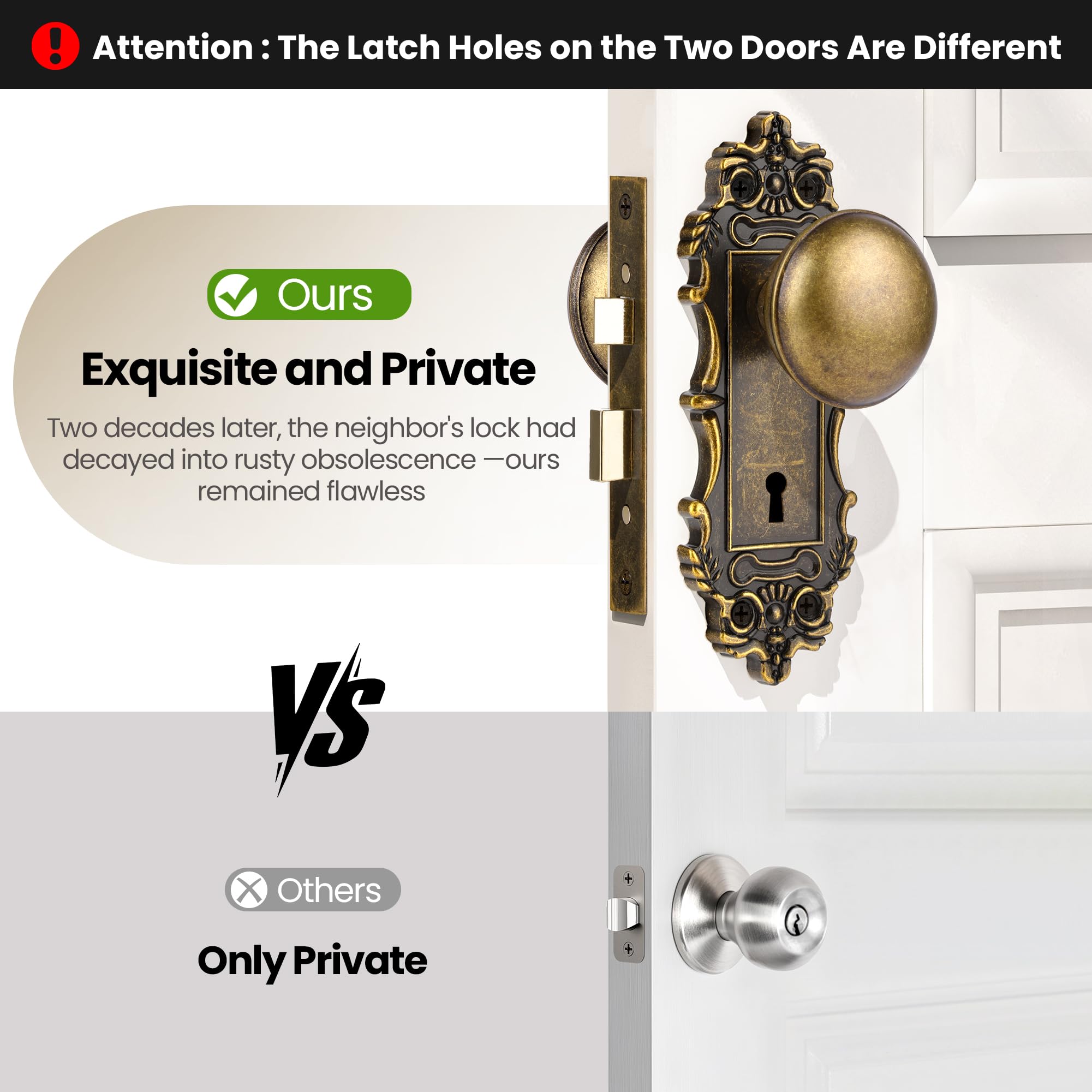 Vintage Mortise Lock Door Knobs - Antique Brass -5