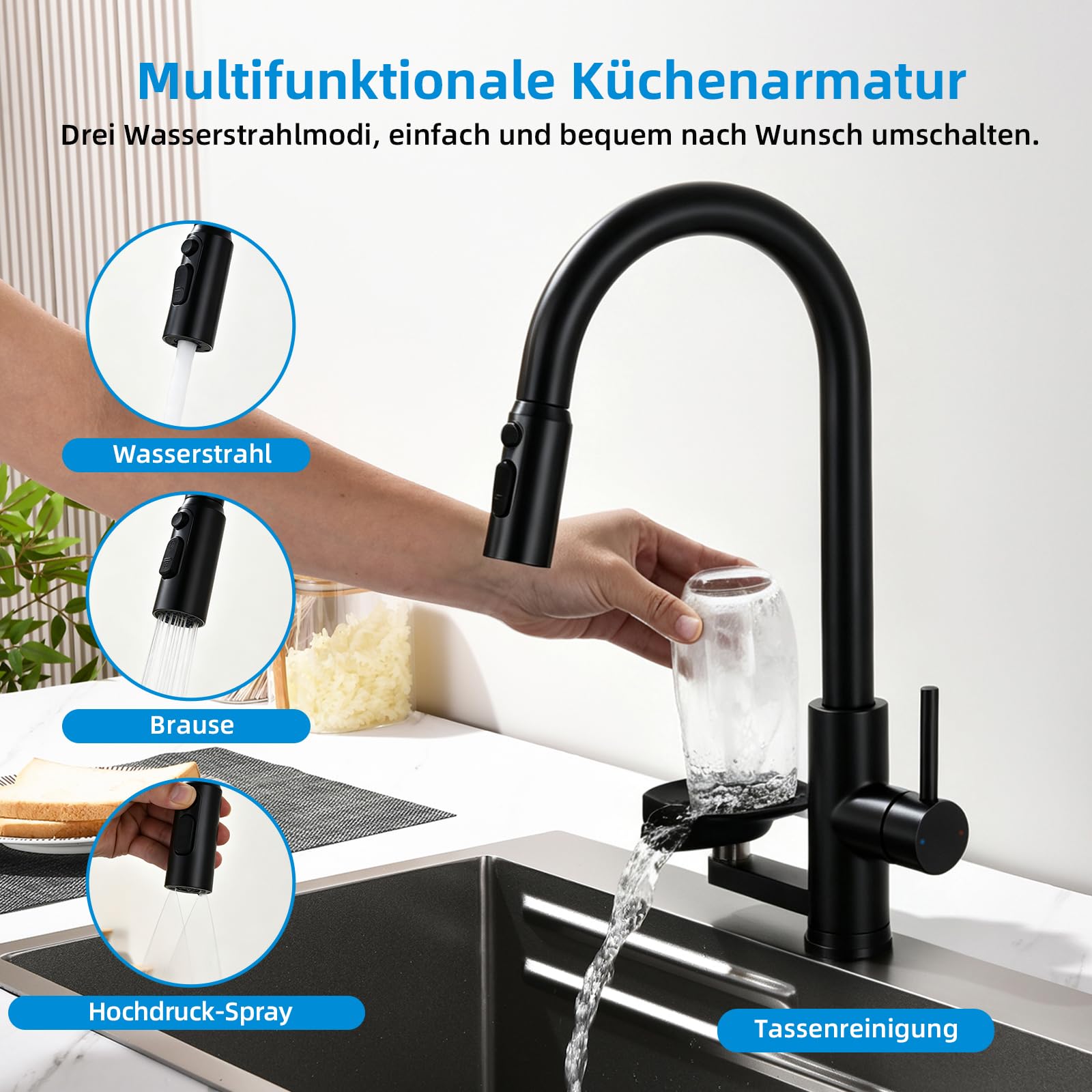 Küchenarmatur Wasserhahn Küche Glasspüler, Ausziehbar Dual-Auslauf Schwarz | Mischbatterie Küche Mynaiad mit Glasspüler Ausziehbar Armatur,360°-Drehung, Dual-Auslauf 304 Edelstahl gebürstet für Küche