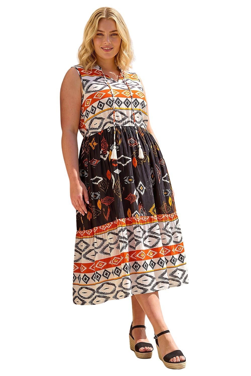 Roman Women's Curve Aztec Print Smock Midi Dress in Orange | Size: 18